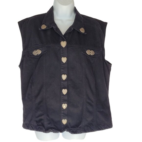 Museum Collection Black Denim Vest Womens XL Metal Heart Buttons Sleeveless Coll - Picture 1 of 10